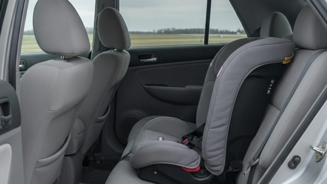 Empty rear seat of a clean passenger vehicle with a fitted child seat, doors open, daylight, no people