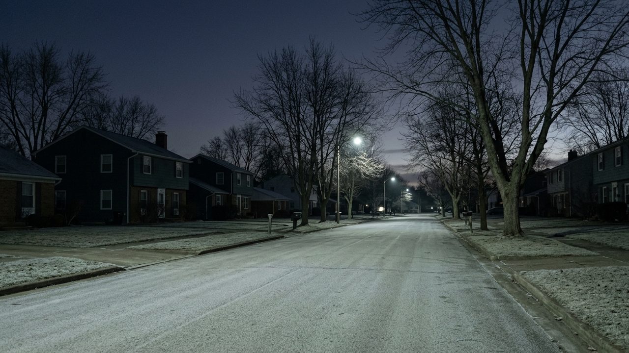 Suburban street before dawn with street lights on and frost on parked road surface, no vehicles