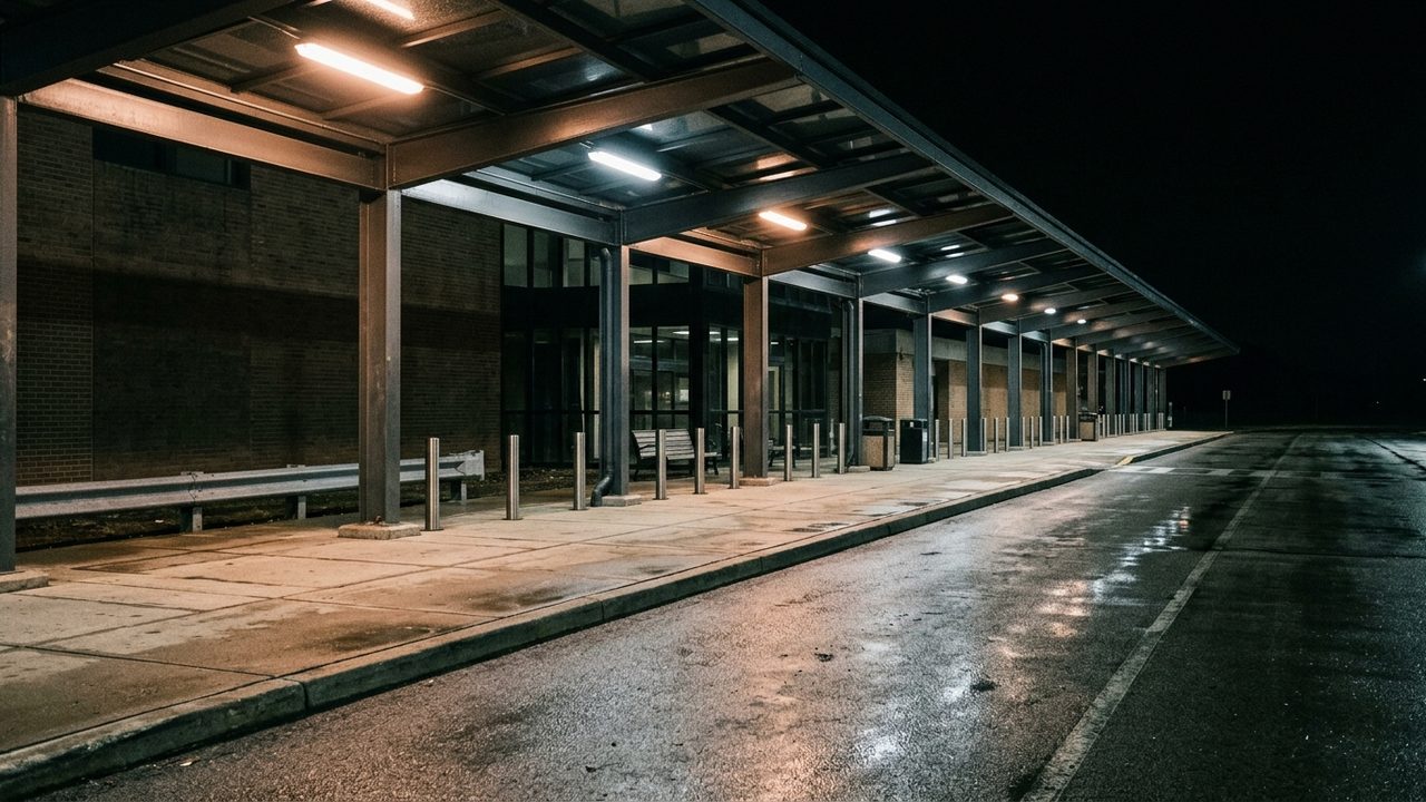 Airport arrivals kerb at night lit by overhead lights, empty pavement and a covered walkway