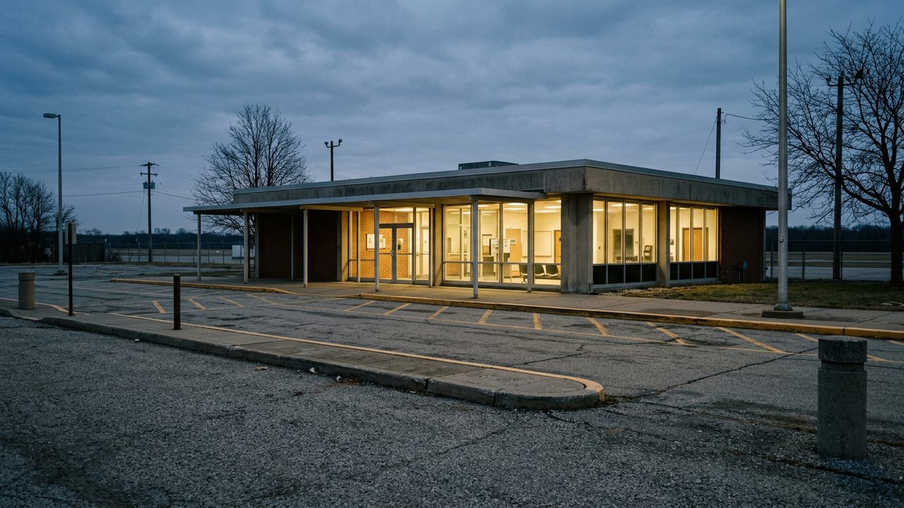 Small regional airport terminal building at dusk with lit windows and an empty forecourt