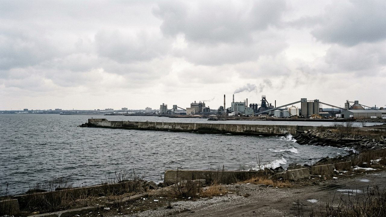 Flat industrial waterfront on a great lake under a pale winter sky with a low breakwater